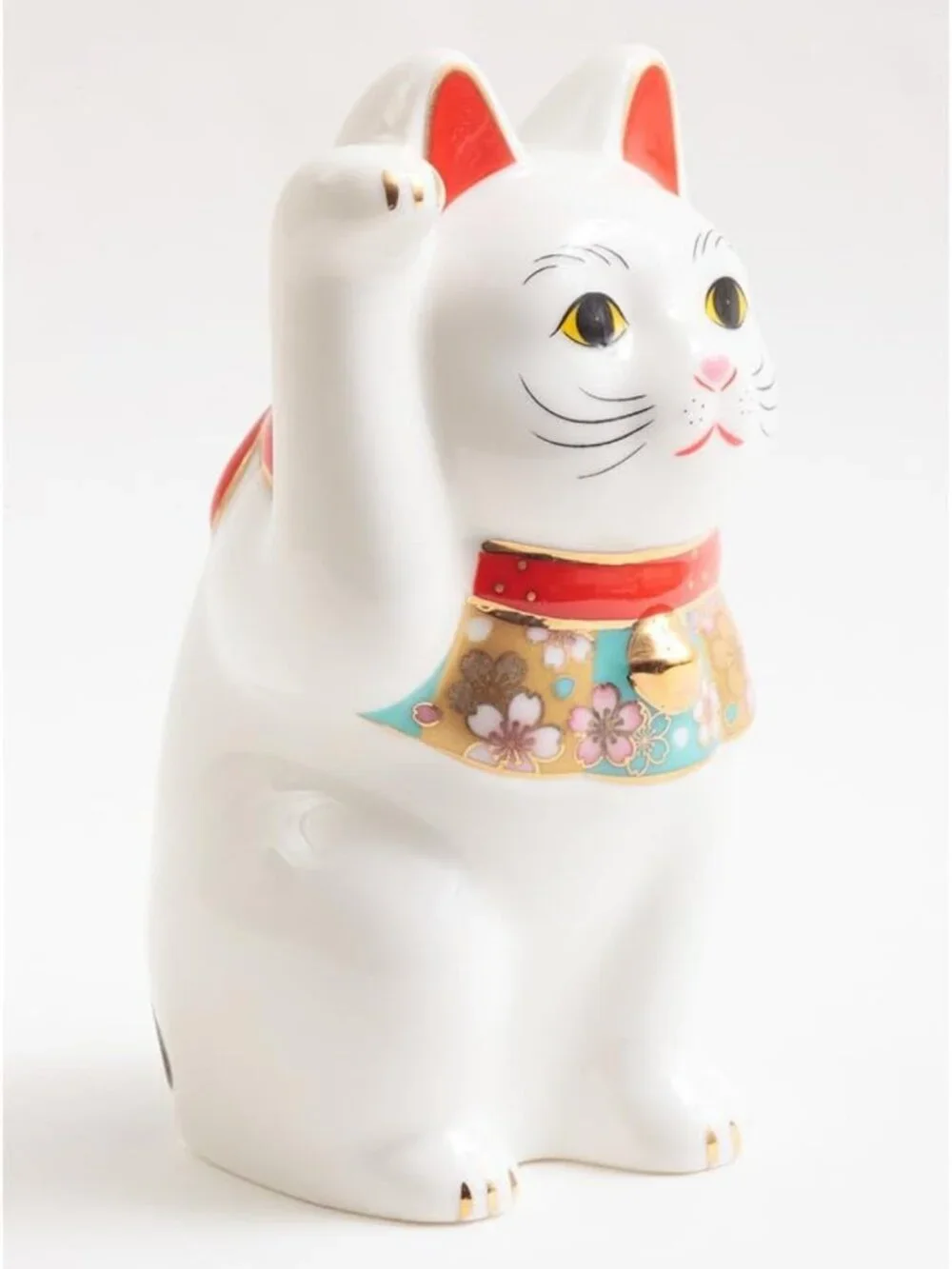 Japanese Lucky Cat Figurine with Cherry Blossom Design - Porcelain Decor in Box